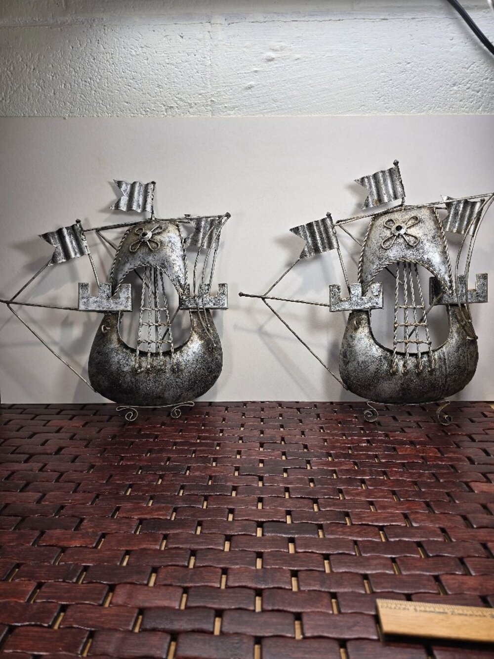Set of 2 MCM 1960's Vintage Metal Brutalist Boats over 12" Tall Wall Hanging
